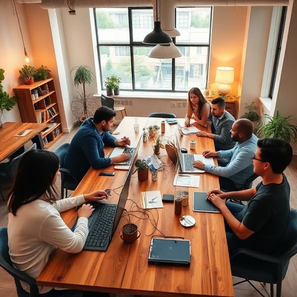 Members collaborating around a wooden table