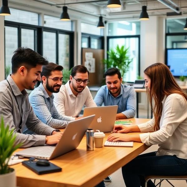 Team working with laptops in coworking space