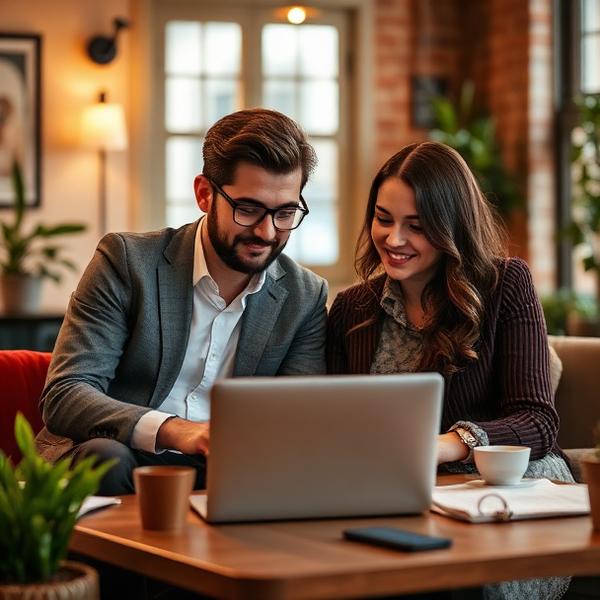 Two professionals reviewing work over coffee